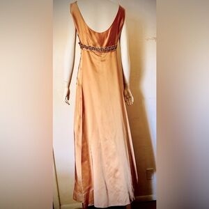 1960’s Bejeweled Empire Waist Stunner! Rich Deep Golden Peach Satin Formal Gown